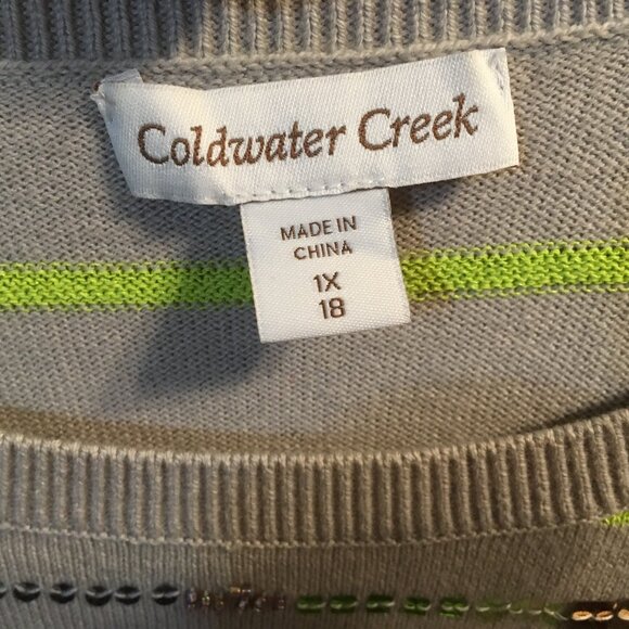 COLDWATER CREEK SWEATER. GREY/STRIPED LIME GREEN SEQUINED/BEADS. 1X ($80) - Picture 3 of 6